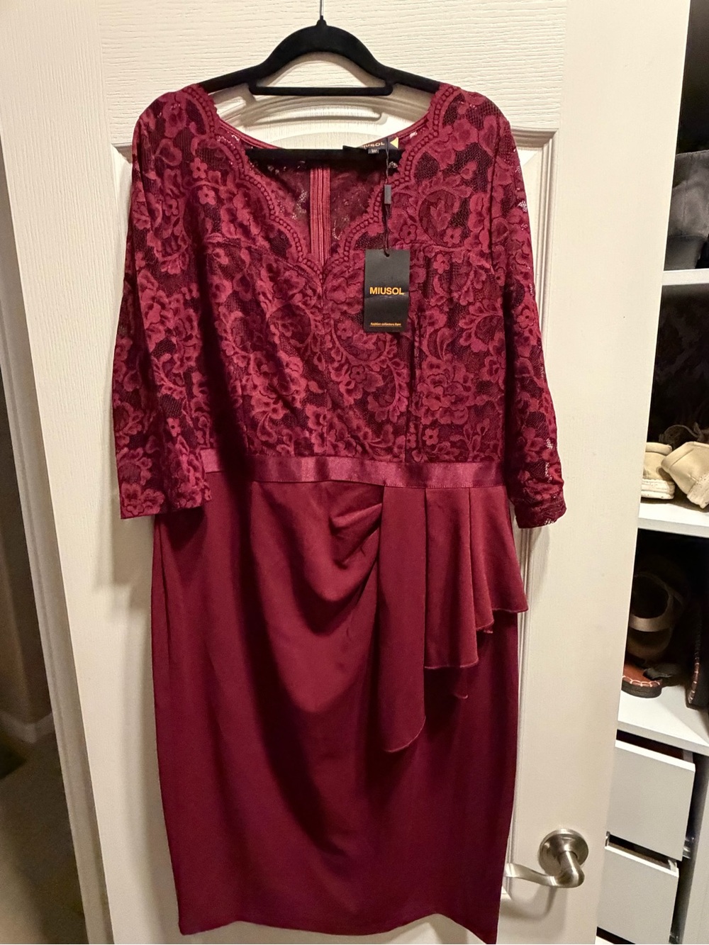 Miusol Wine Lace and Draped Midi Dress